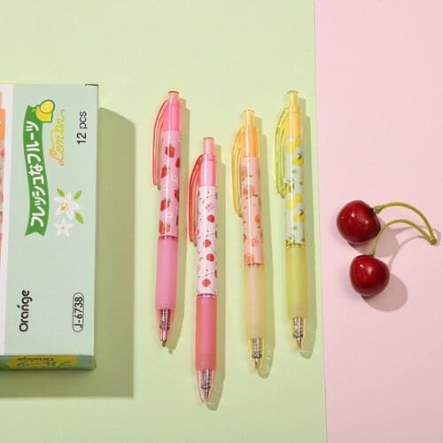 MINKYS 1PC Kawaii Press Type Fruit Series Black Ink Gel Pen Strawberry Lemon Cherry Peach Signature Pens Office Stationery