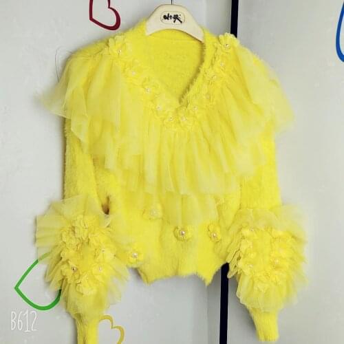 Korobov 2021 Autumn Winter Fashion Sequined Embroidery Pullover Sweater Korean Sweet Mesh Ruffles Flower Patchwork Sueter Mujer