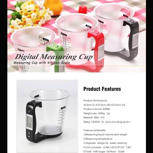1KG600ML Measuring Cup Scale with LCD Display Kitchen Jug Digital Food Liquid Measure Containers Tools