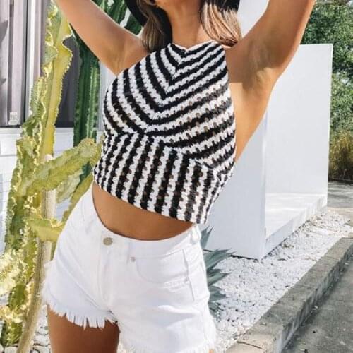 Rib Knitted Tank Tops Striped Print Backless Crochet Hollow Out Sexy Halter Neck Sleeveless Summer Chic Casual Slim Vest
