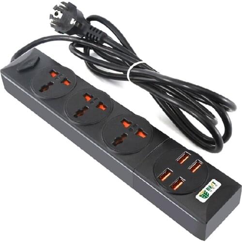 Power Strip Universal hole Socket 3AC 4USB Charger Ports Home Office Power Extension Socket Switch 2M Cord EU UK PLUG