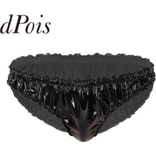 Mens Wet Look Patent Leather Lingerie Frilly Ruffled Low Rise High Cut Briefs Underwear Male Panties Homme Underpants