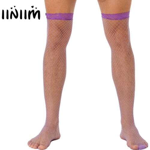 Mens Lingerie Sexy See-through Fishnet Stockings Lace Trimming Hollow Out Mesh Summer Erotic Hosiery Thigh-highs Socks