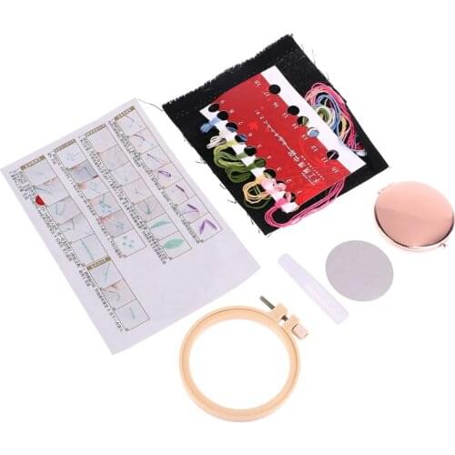 DIY Embroidery Kit Compact Pocket Floral Makeup Mirror Double-side Folding Women Vintage Cosmetic Mirrors Handmade Gift E65F