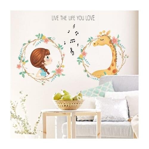 Girls And Giraffes Wall Sticker Cartoon 3D Wallpaper Wall Pictures For Living Room Decoration Kids Room Decor Wall Painting