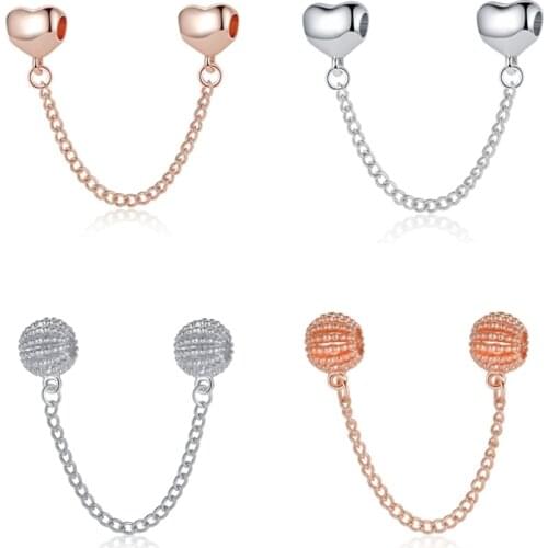 New Heart Hollow Safety Chain Beads Fit Pandora Charm Bracelet DIY Jewelry