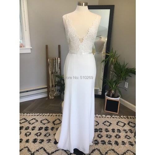 Sheath Wedding Dress V Neck V Back Straps Crepe Crochet Lace Bodice Bridal Gowns Vestidos Noiva Custom Made Dresses Casamento