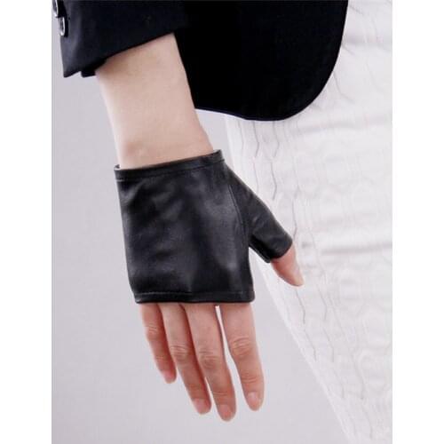 Genuine Leather Ultra-Thin Pure Sheepskin Black Semi-Finger Gloves Female Short Style Fingerless Half Finger Woman Mittens TB07