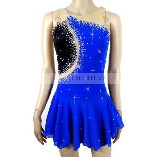 Figure Skating Dress Womens Girls' Ice Skating Dress Sleeveless Round neck Blue High stretch spandex fabric Rhinestone