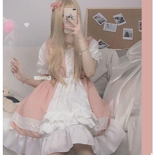 Japanese Kawaii Lolita Maid Dress Pink For Young Girl Birthday Puff Sleeve Gothic Harajuku Ruffle Lace-Up Soft Girls Party Dress
