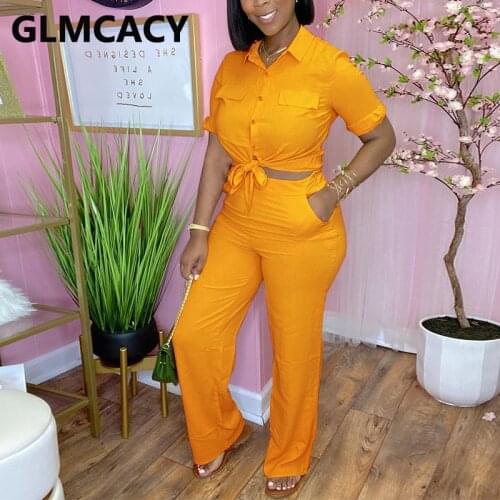 Two Piece Casual Suits Solid Button Down Shirt Top & Slim Pant Set