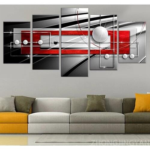 Modern Symmetry Black and White Red Canvas Print Wall Art Contemporary Painting 5 Pieces Decorations Picture Ready to Hang Home