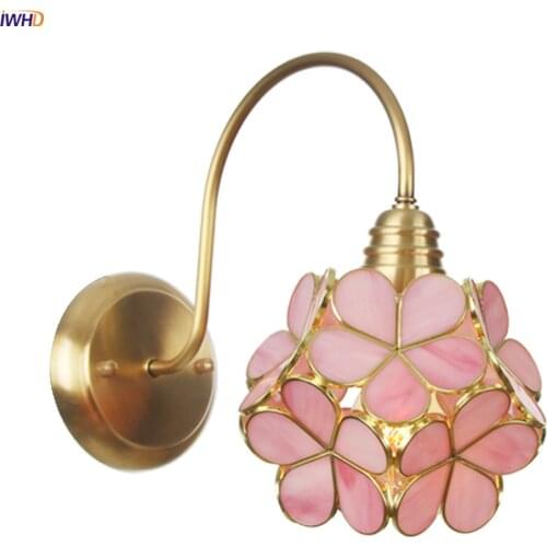 IWHD Nordic Style LED Wall Light Fixtures Bedroom Porch Stair Bar Pink Glass Copper Modern Wall Lamp Sconce Applique Murale