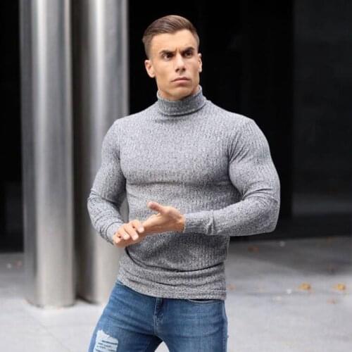 New Spring Autumn Turtleneck Sweater Men Fashion Roll Neck Solid Strips Slim Fit Knitted Pullover Men High Neck Knitwear T-shirt
