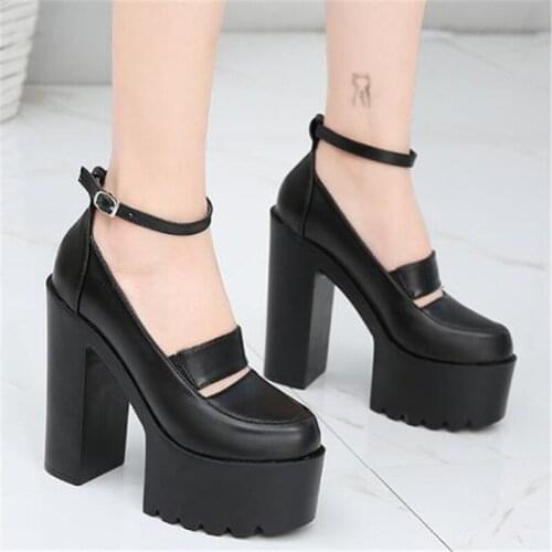 Sexy Pumps Waterproof Women Fetish Shoes PU Buckle Strap 14.5CM Thick High Heels Round Toe waterproof Party Wedding womens shoes