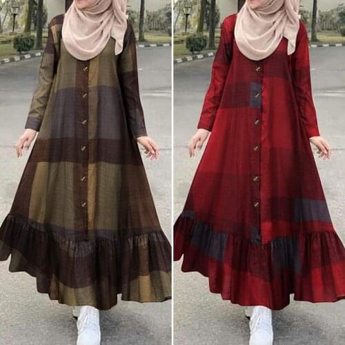 Vintage Check Muslim Dress Womens Autumn Sundress 2021 ZANZEA Casual Long Sleeve Ruffle Vestidos Female Button Printed Robe 5XL