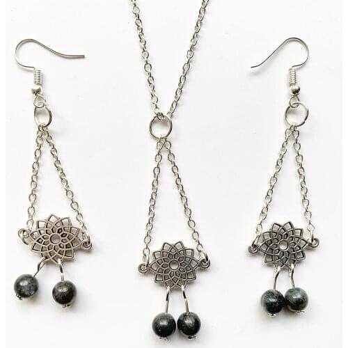 Bhuann Vintage Earings Antique Flower Pendant Natural Quartz Stone Necklace and Earrings Labradorite Beads Jewelry Set Dropship