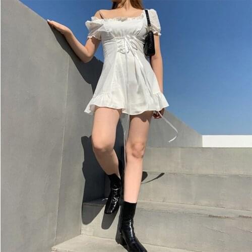 Women Summer Puff Short Sleeve Sexy Square Neck White Mini A-Line Dress Crisscross Lace-Up Waist Ruffles Off Shoulder Slim Clubw