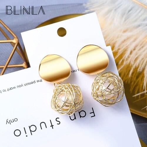 BLINLA Fashion Gold Handmade Rattan Ball Imitation Pearl Drop Earrings for Women 2019 Vintage Statement Dangle Earring Jewelry