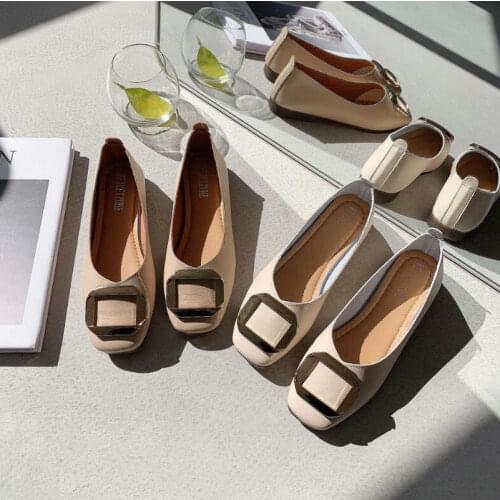 Trendy buckle square toe small fragrant style gentle evening shoes Fashion flat shallow peas single shoes Ladies flat shoes