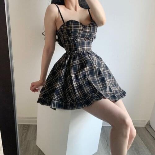 Gothic Vintage Plaid Dress 2021 Summer Women Harajuku Retro Sexy Club Party Spaghetti Strap Sleeveless Mini Dresses Girl Female