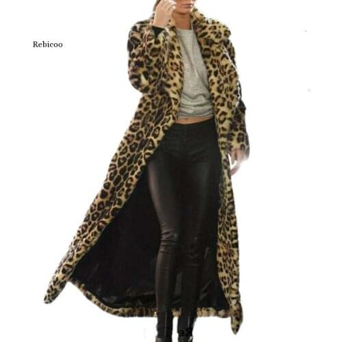 Autumn Winter Women Faux Fur Leopard Long Coat Elegant Cotton Parka Trench Women Warm Fur Plush Coat Casual Slim Jacket Top