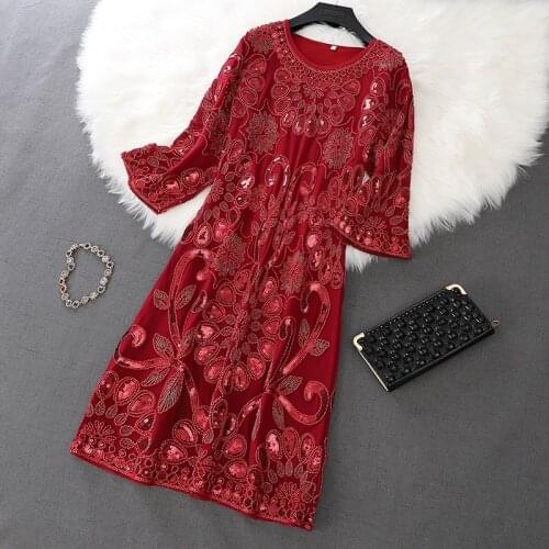 2 Colors Plus Size Round Neck Sequin Flower Embroidery Mesh Loose Long Sleeve Chiffon Mother Party Dresses Woman 4765