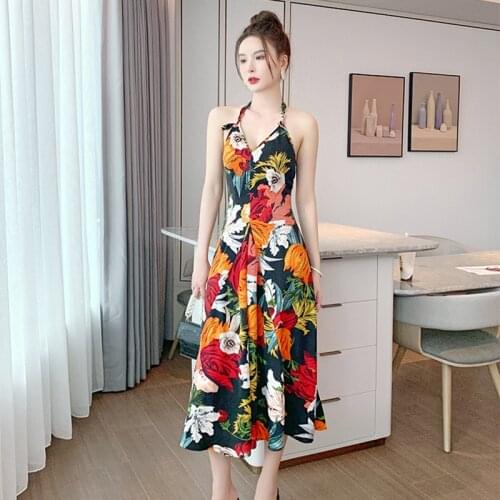 Fashion Summer Vintage V-Neck Sleeveless Midi Party Dress Ladies Elegant Robe Casual Sexy Halter Boho Floral Print Beach Dress