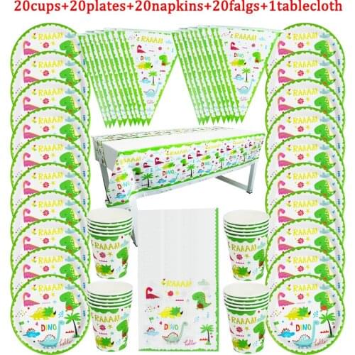 81Pc/Lot Cartoon Dinosaur Disposable Tableware Design Kid Birthday Party Paper Plate+Cup+Napkin+ Flag+Tablecloth Party Supplies