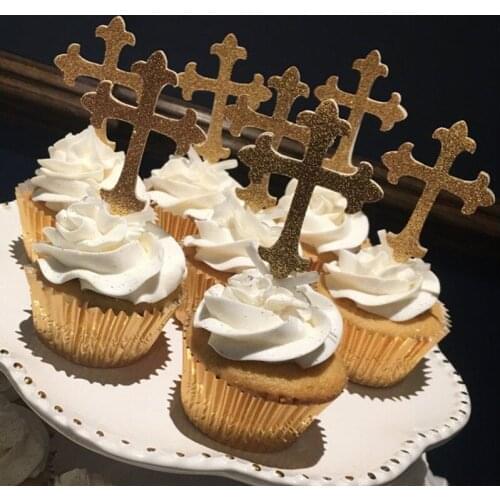 Personalised Custom Baptism Decorations for Boys Christening Cross Glitter Cupcake Toppers milestones birthday Dessert toothpick