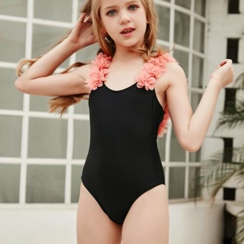 Black Girls One Piece Swimsuit Kids Children Summer Beach Playing Outfit Backless Bathing Suit Cute Flower Strap Swimwear 2021