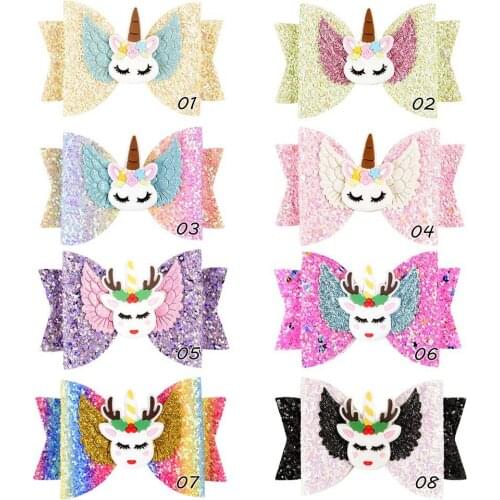 2019 New 3.5" Rainbow Color Unicorn Wings kids Glitter hair bows with Clips for children Kids girls Hairgrips Headwear 36pc/lot
