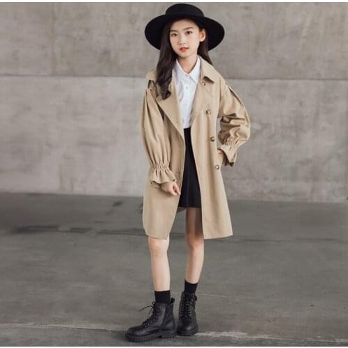 Khaki Double Breasted Fashion Trench Coats Baby Big Girls Petal Sleeve England Style Jackets Kids Clothing Children Outerwears
