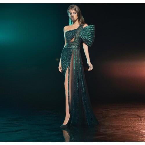 High End Emerald Green Sequined Prom Dresses Sexy See Thru Split Long Prom Gowns One Shoulder Chic Formal Dress 2021
