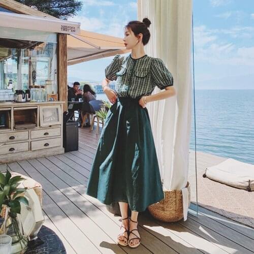 Shirt and Skirt 2 Piece Sets Women 2021 Summer Puff Sleeve O-neck Plaid Shirts High Waist A-line Long Skirts Elegant Outfits
