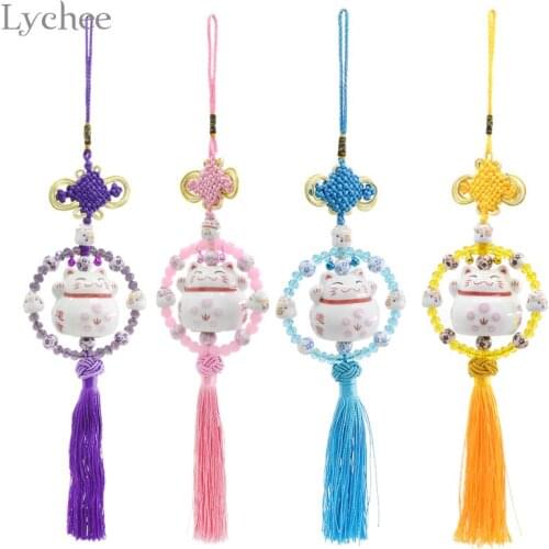 Lychee Life 1pc Ceramic Lucky Cat Feng Shui Hanging Chinese Knot Oriental Home Decoration Craft