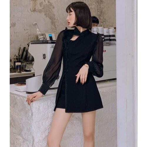 2 Piece Set Spring Cheongsam Women Suit Black Vintage Patchwork Long Sleeve Casual Dress and Mini Shorts Two Piece Set Vestidos
