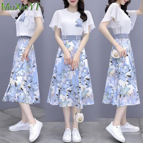 Summer Chiffon Skirt Suit Womens Casual Light Dress 2021 New Slim T-Shirt Top Print Midi Skirts 2 Piece Set Girl Fashion Clotes