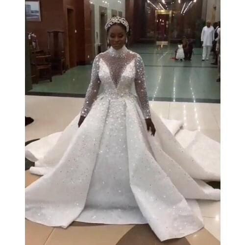 Hot Luxury A Line Wedding Dresses Lace O Neck Crystal Beading Bridal Gown Robe De Mariee