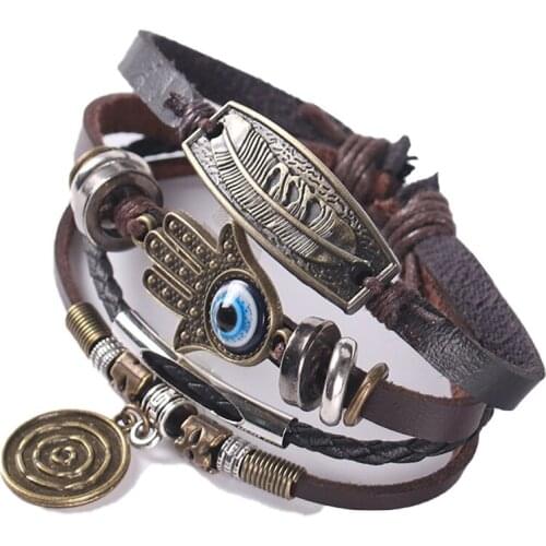 Multilayer Braided Bracelet New Beaded Feather Leaf Alloy Palm Eyes Mens Handmade Ethnic Style Retro Accessories Boho Jewelry