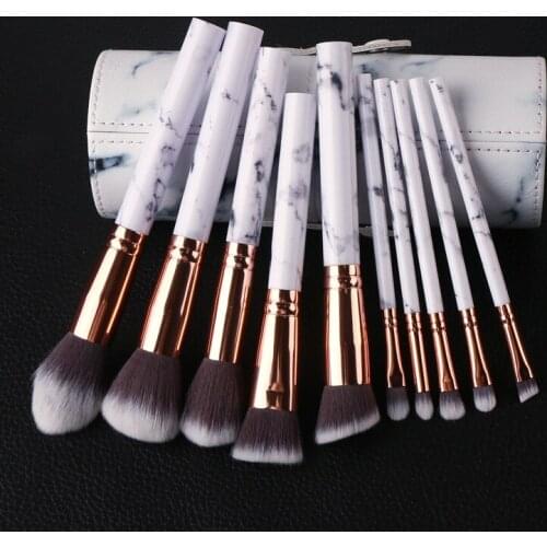 10Pcs Makeup Brush Set Fashion White Marble Make up Powder Blush Blending Highlighter Eyeshadow Cosmetics Brush Kit with Holder