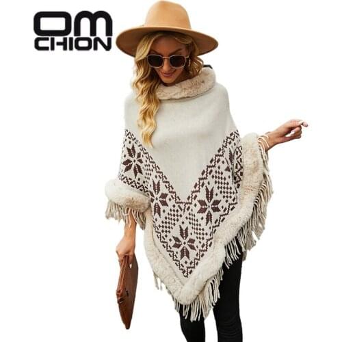 OMCHION Fur Collar Korean Oversized Ponchos 2021 Autumn Winter New Cape Shawl Bead Tassel Retro Sweater Coat Women Wraps