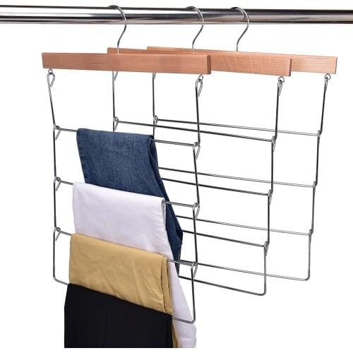 4 Tier Multifunction Wooden Clothes Wardrobe Pants Hanger Organizer Foldable Trouser Hangers for Saving Space in the Closet