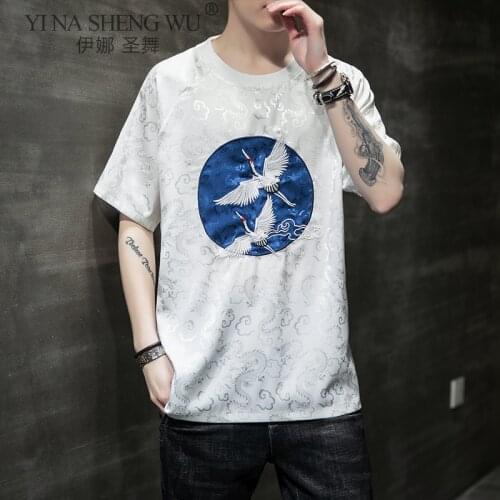 New Chinese Style Embroidery Kimono Shirts Men Casual Fashion Trend Short Sleeve T-Shirt Retro Hanfu Tops Korean Streetwear Male