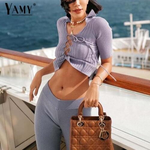 Crop top women pants sets vacation outfits short sleeve sweater lace up tops purple pencil pants streetwear fashion joggers 2021