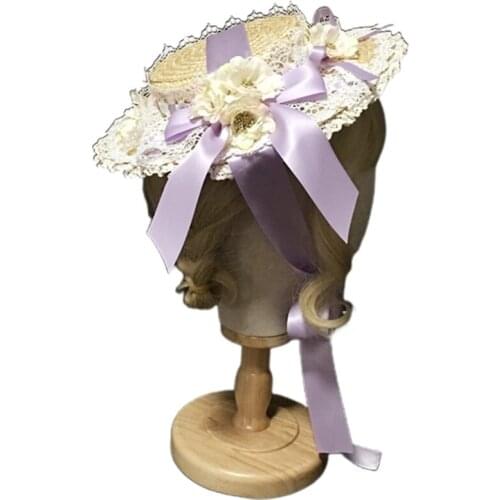 Women Girls Lolita Elegant Tea Party Flat Hat Multilayer Lace Bonnet Artificial Flower Ribbon Bow Straw Beach Sun Cap