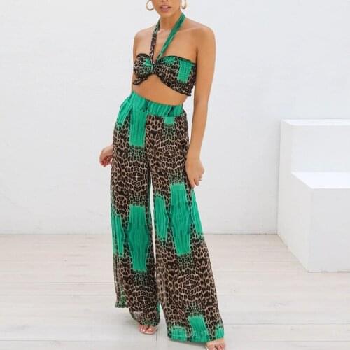 Ethnic Vintage Printed 2 Piece Suits Women Chiffon Holiday Beach Crop Top and Pants Fashion Loose Female Overalls 2021