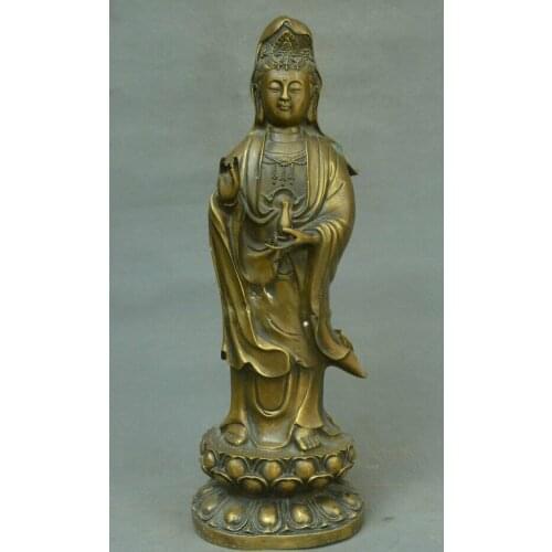China Buddhism Bronze Lotus Flower Kwan-yin Vase GuanYin Boddhisattva God Statue