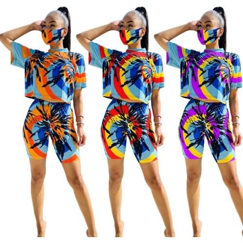2020 Women Geometric Black Hole Print With Mash 3 Three Pieces Sets Tracksuits Tee Tops Shorts Suit Fitness Outfits Matching Set