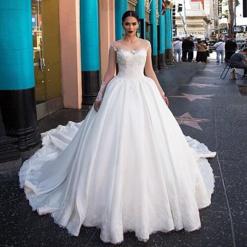 Vestidos De Novia Long Sleeve Satin Ball Gown Wedding Dress Illusion Back Gelinlik Beading Sequined Suknia Slubna Hochzeitskleid